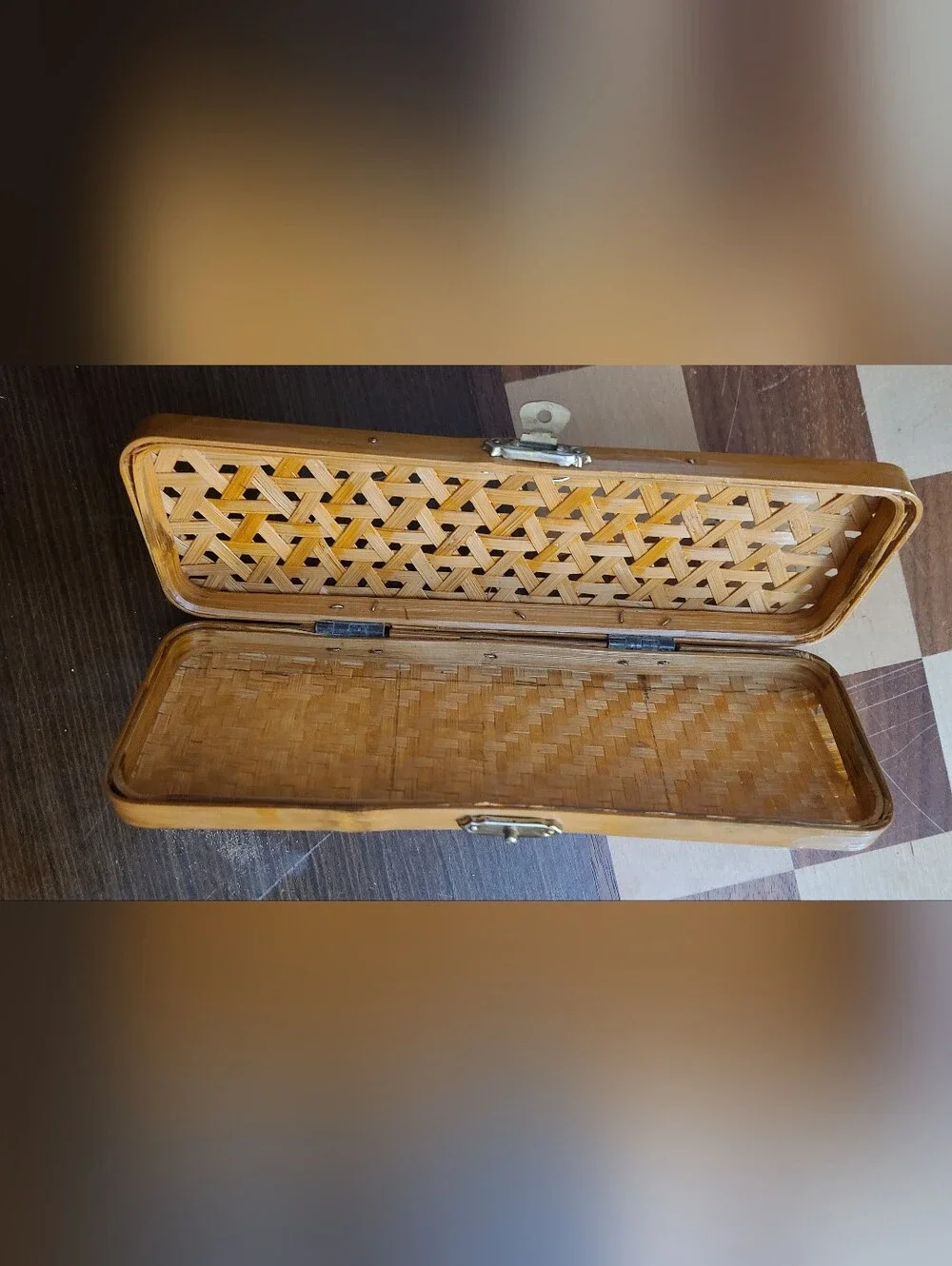 Vintage 50s Japanese Bamboo Pencil Case w/ Brass Lock - Decor Desk Accessory